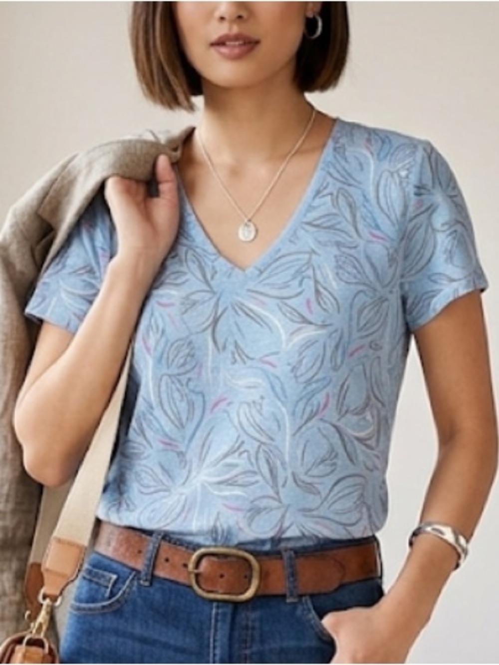 NWOT Pure Collection 100% Linen floral blue V Neck Top  10/M